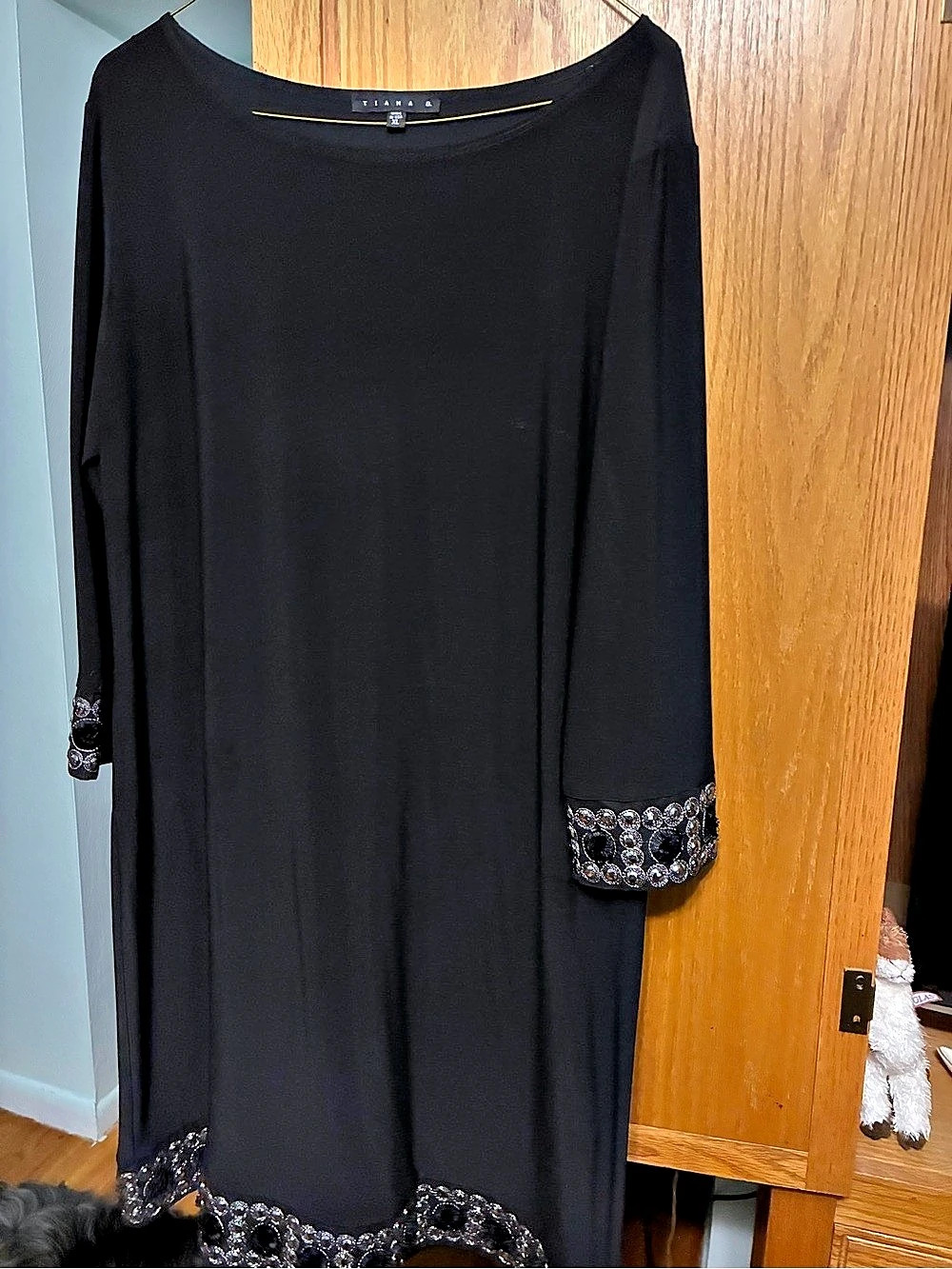 TIANA B. Black Shift Dress with Beaded Trim. Black Maxi Dress XL